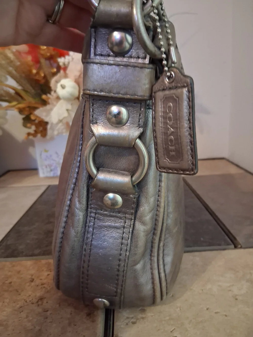 Coach Metallic Silver Leather Shoulder Bag with Logo Tag
